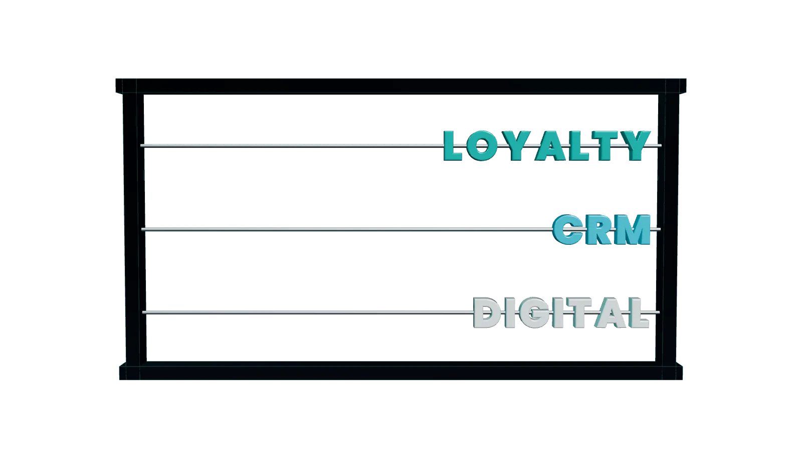 An abacus with three rods. On each one, 3D letters spell out an area of work: Loyalty, CRM and Digital.