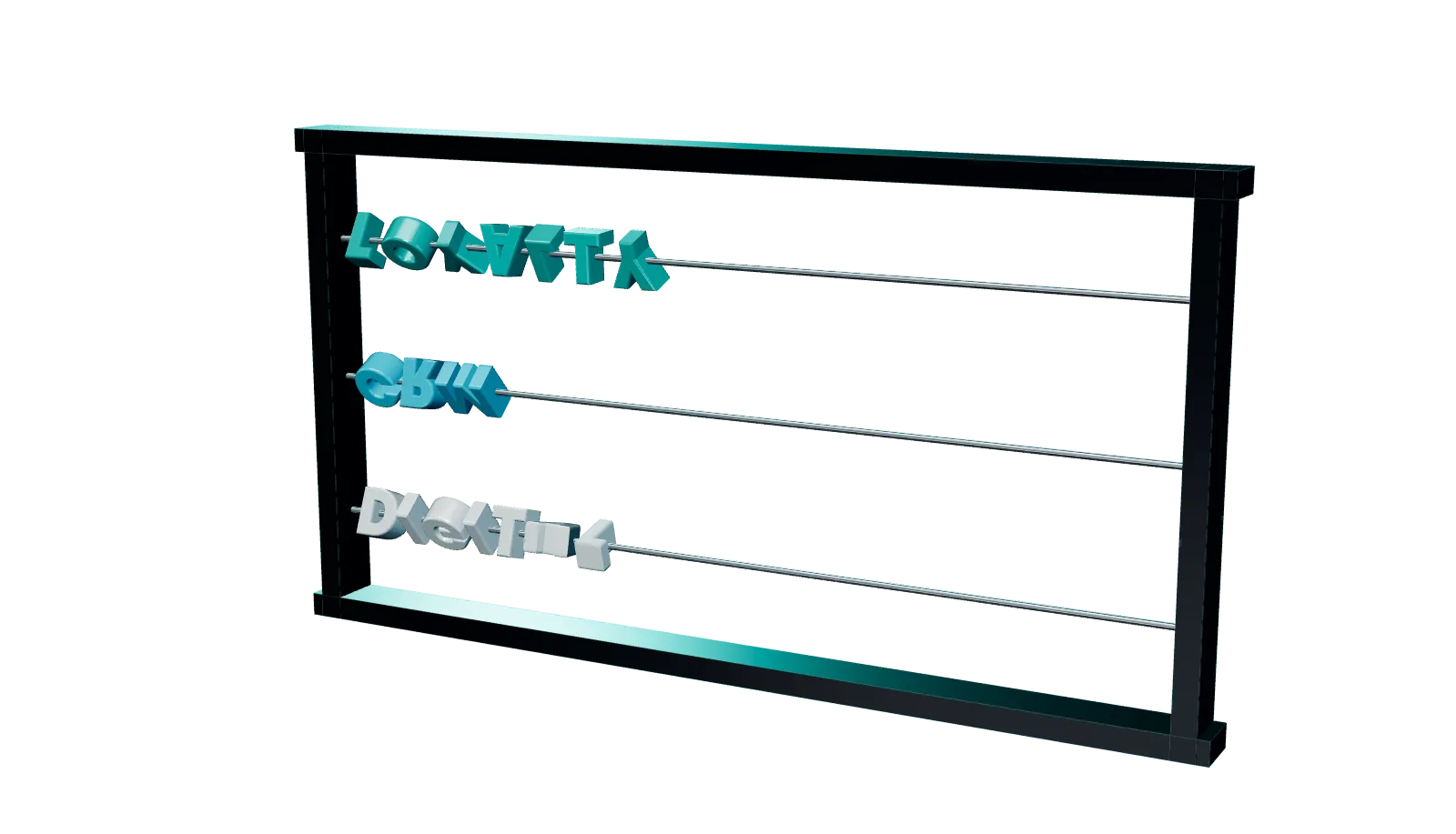 An abacus with three rods. On each one, 3D letters spell out an area of work: Loyalty, CRM and Digital.